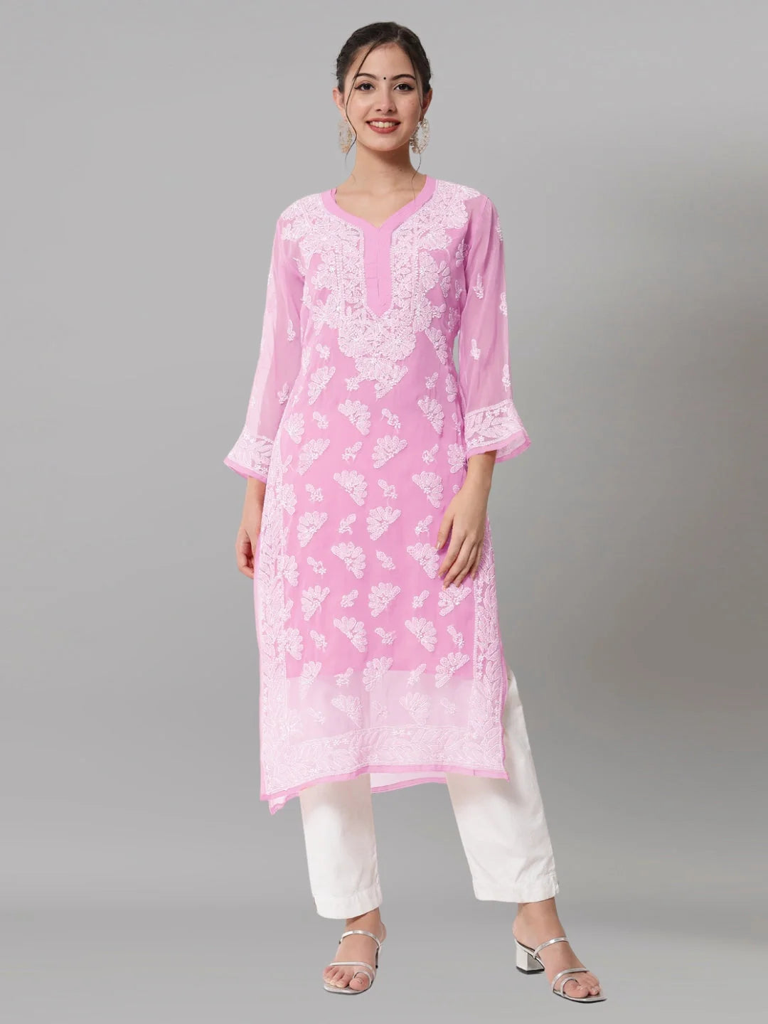 Women Hand Embroidered Chikankari Georgette Straight Kurta with Matching Slip- PC3545 Pink