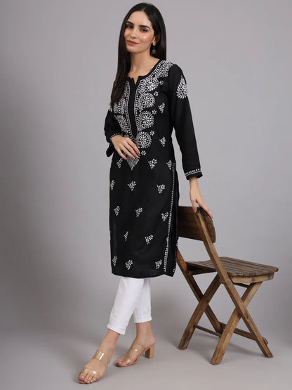 Women Hand Embroidered Lucknowi Chikankari Cotton Ethnic Motifs Kurta PC3997 Black