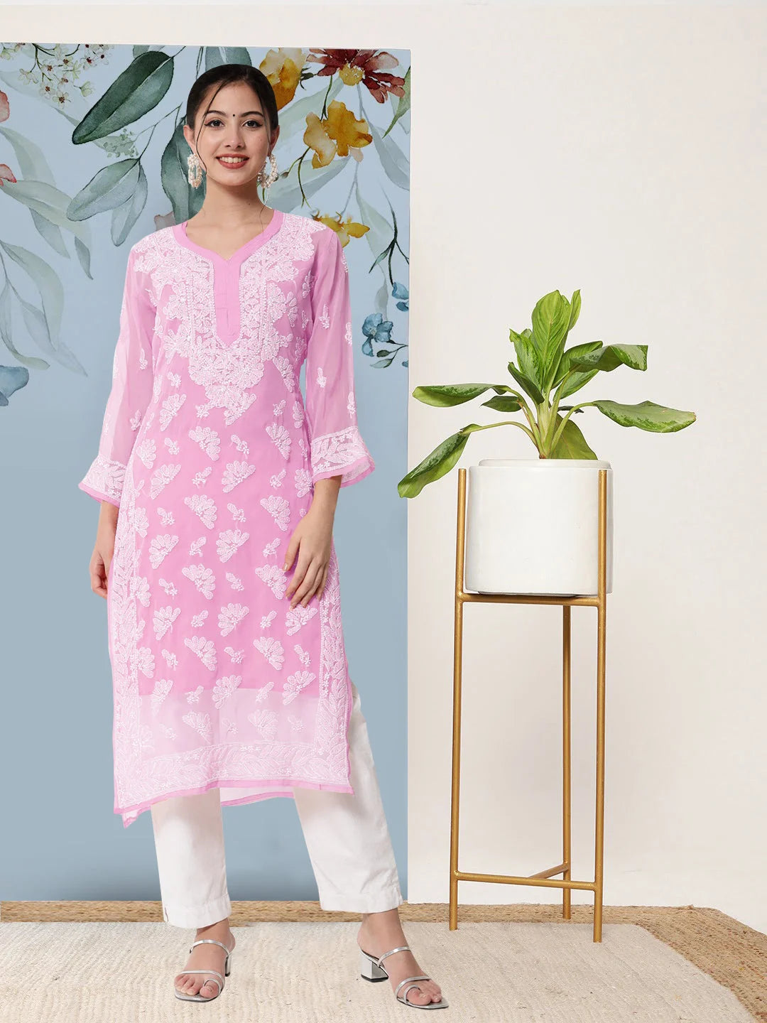 Women Hand Embroidered Chikankari Georgette Straight Kurta with Matching Slip- PC3545 Pink