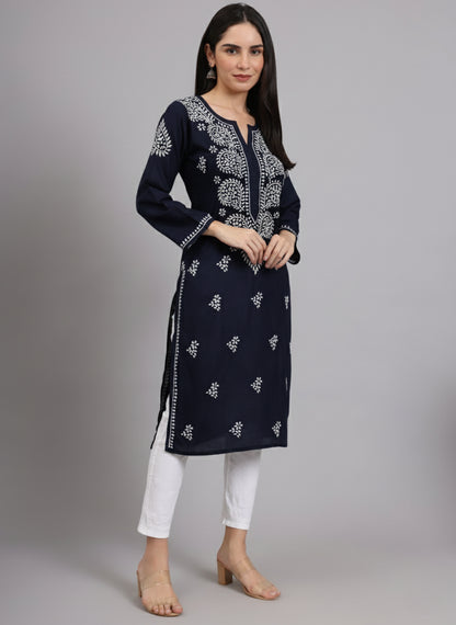 Women Hand Embroidered Lucknowi Chikankari Cotton Ethnic Motifs Kurta PC3997 Navy