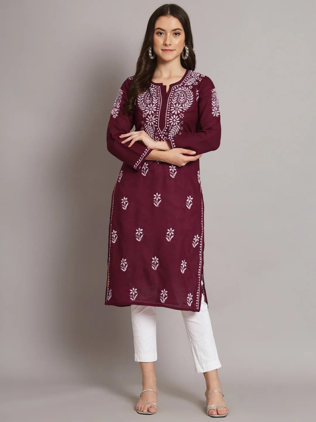 Hand Embroidered Chikankari Cotton Straight Kurta-Pc3561 Maroon