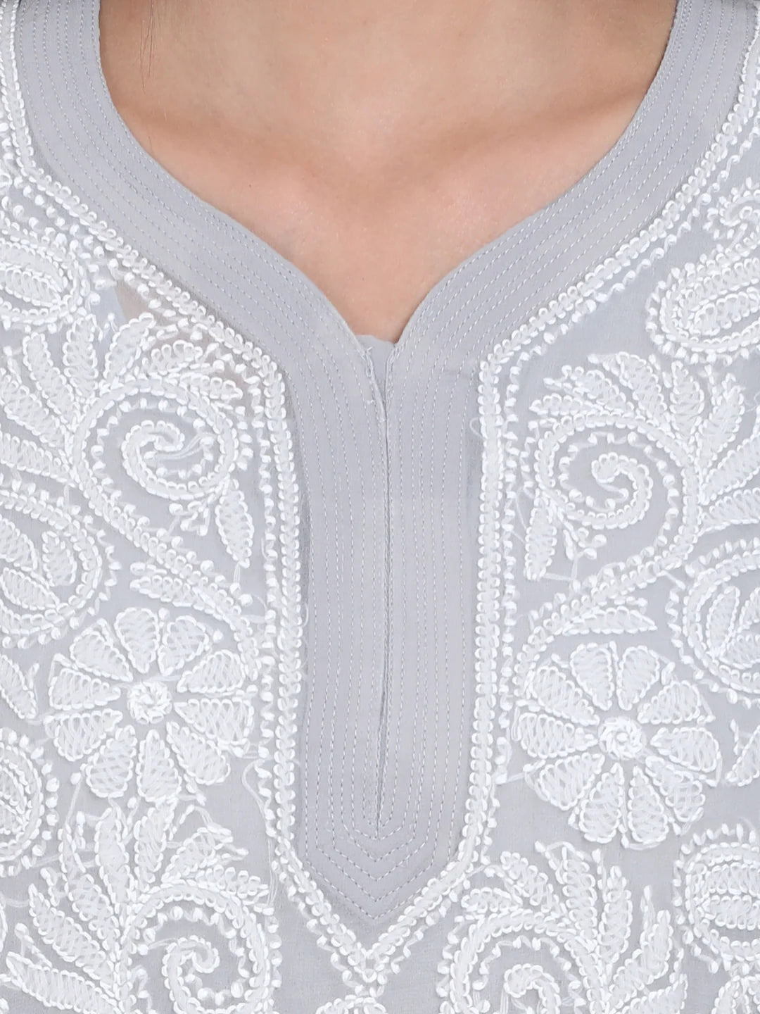 Hand Embroidered Steelgrey Chikankari Georgette Straight Kurta with Slip- PC3392 Dimgrey