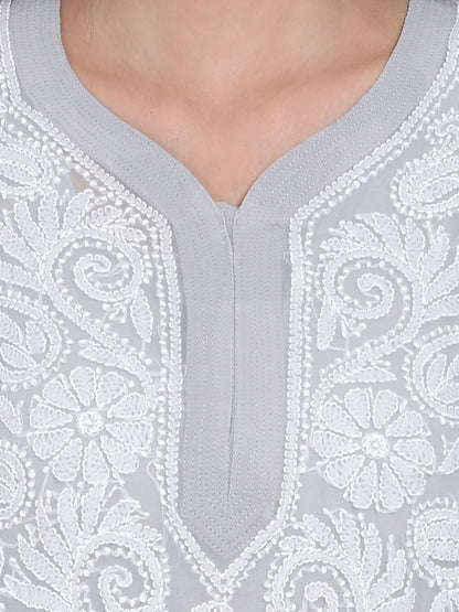 Hand Embroidered Steelgrey Chikankari Georgette Straight Kurta with Slip- PC3392 Dimgrey