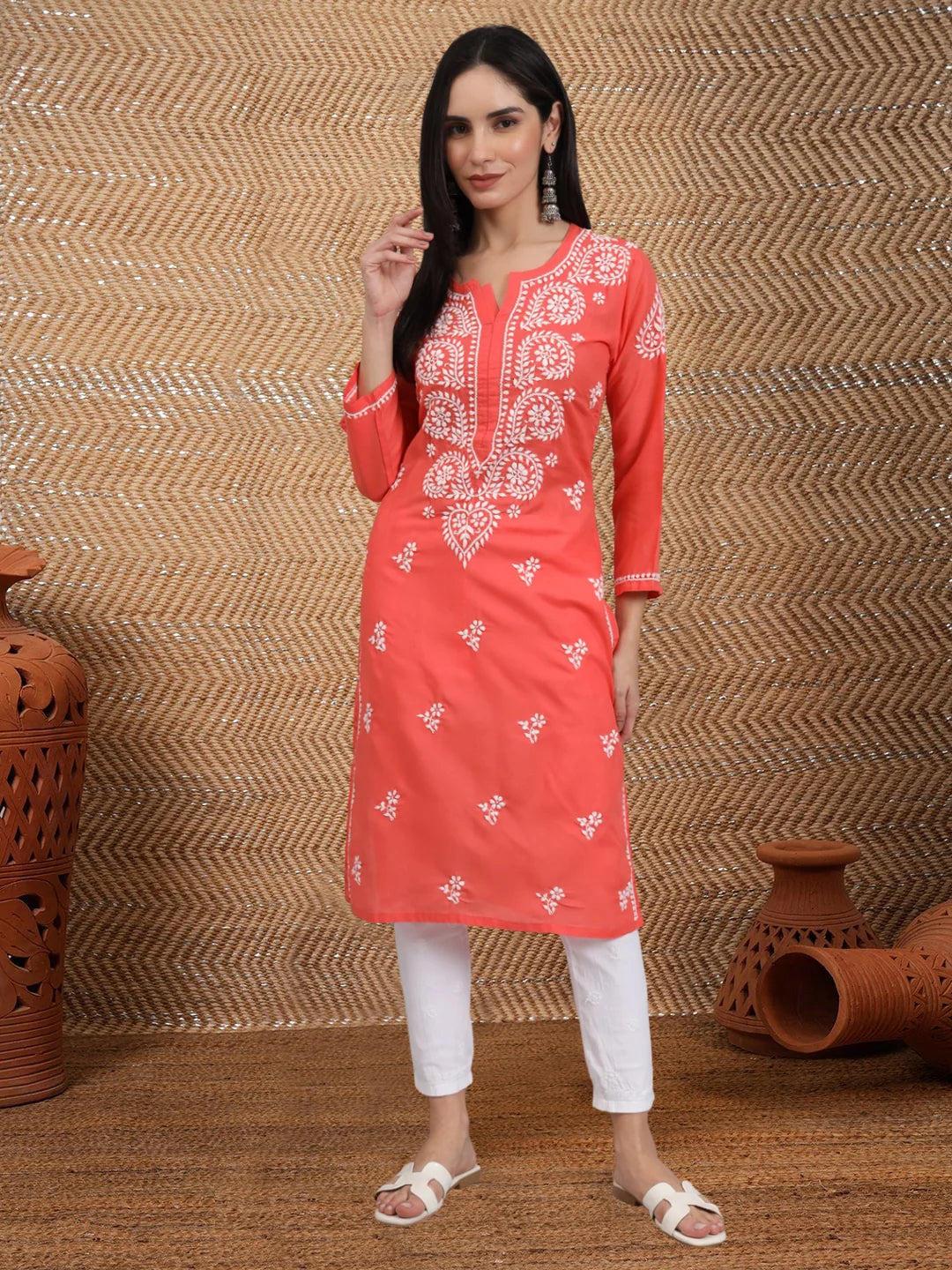Women Hand Embroidered Lucknowi Chikankari Cotton Ethnic Motifs Kurta PC3997 Coral