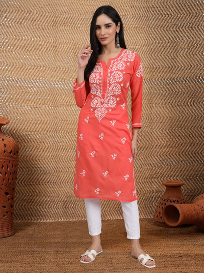 Women Hand Embroidered Lucknowi Chikankari Cotton Ethnic Motifs Kurta PC3997 Coral