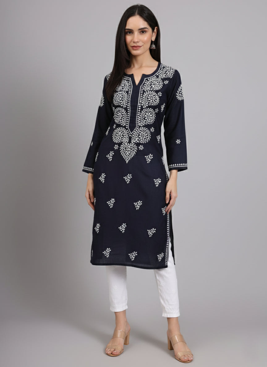 Women Hand Embroidered Lucknowi Chikankari Cotton Ethnic Motifs Kurta PC3997 Navy