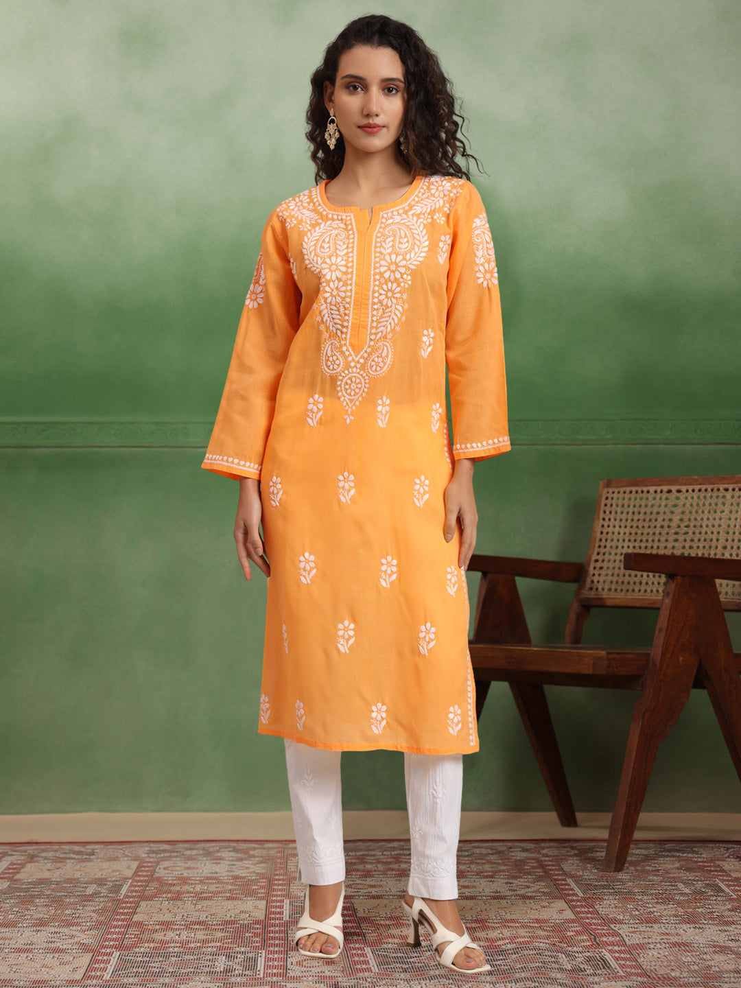Hand Embroidered Chikankari Cotton Straight Kurta-Pc3561 Darkgoldenrod