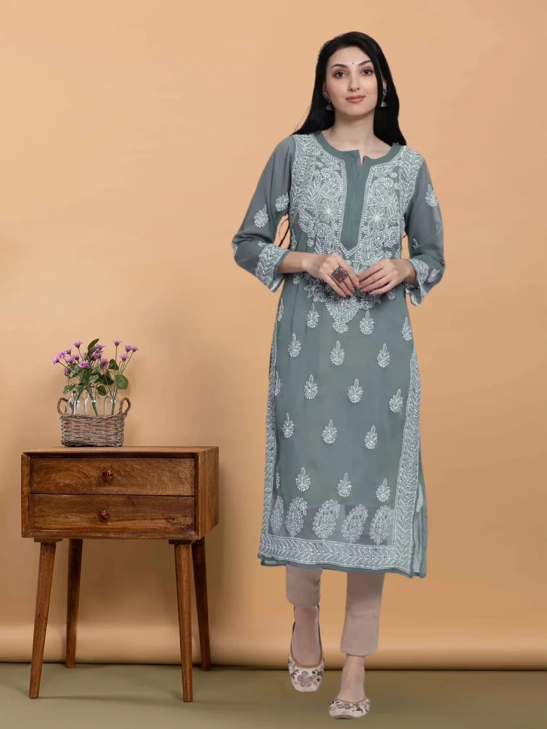 Hand Embroidered Steelgrey Chikankari Georgette Straight Kurta with Slip- PC3392 Dimgrey