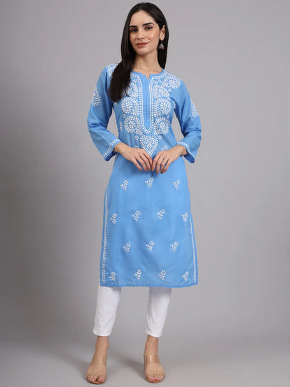 Women Hand Embroidered Lucknowi Chikankari Cotton Ethnic Motifs Kurta PC3997 Lightskyblue