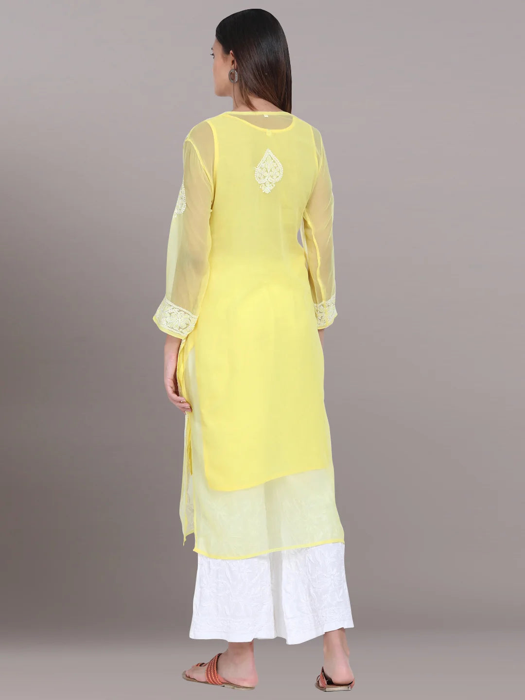 Hand Embroidered Steelgrey Chikankari Georgette Straight Kurta with Slip- PC3392 Lemonchiffon