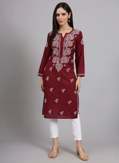 Women Hand Embroidered Lucknowi Chikankari Cotton Ethnic Motifs Kurta PC3997 Maroon
