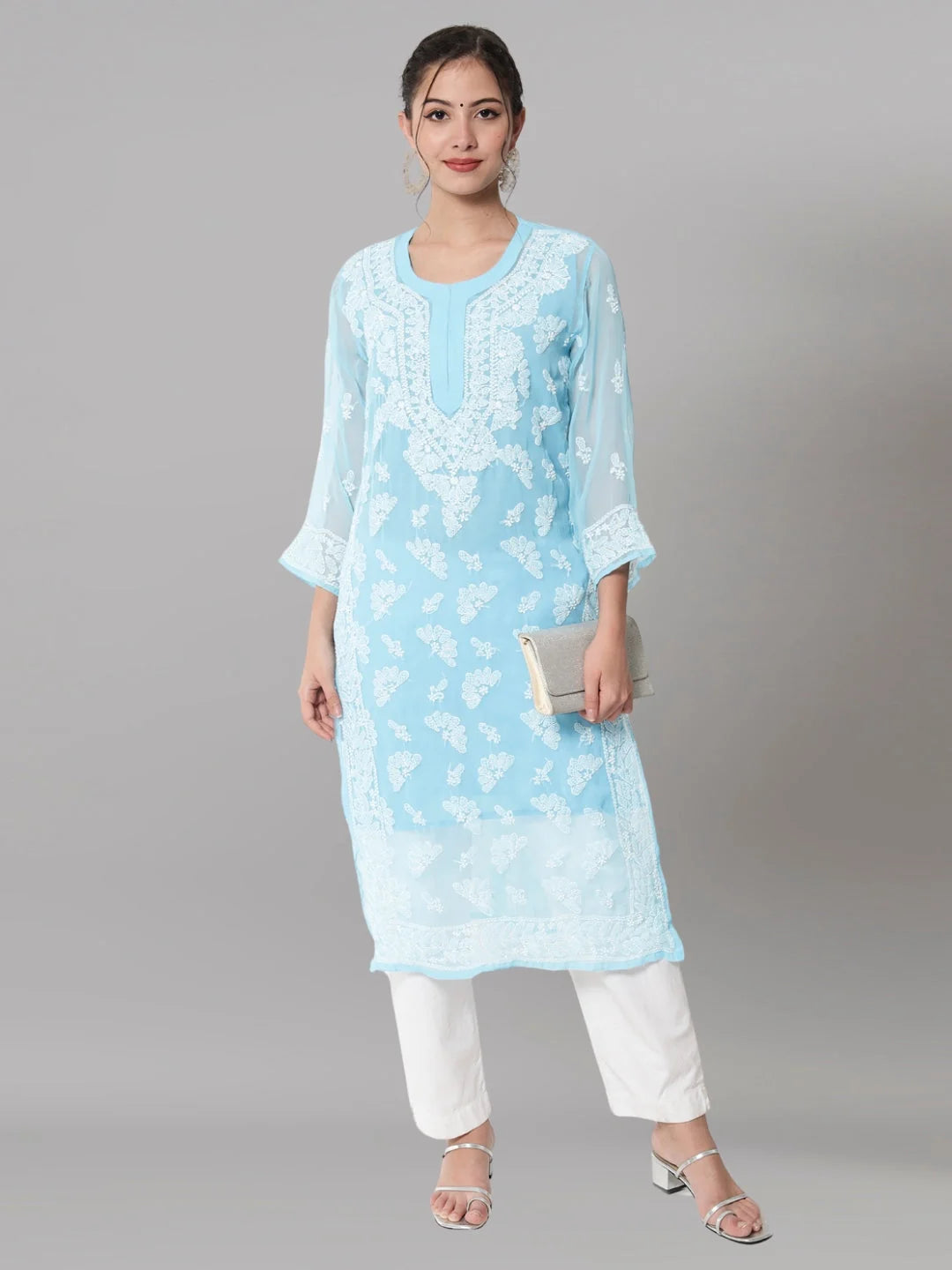 Women Hand Embroidered Chikankari Georgette Straight Kurta with Matching Slip- PC3545 Skyblue