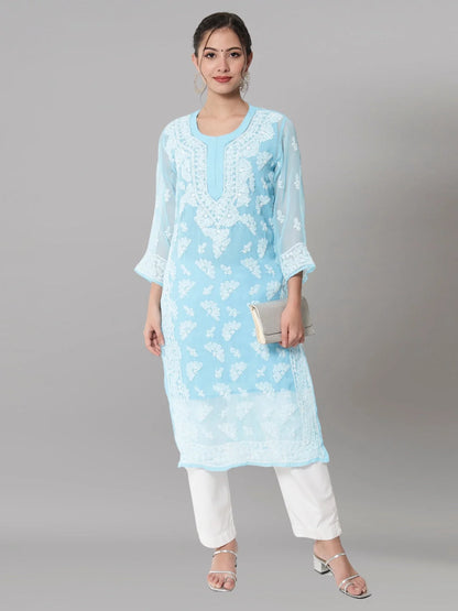 Women Hand Embroidered Chikankari Georgette Straight Kurta with Matching Slip- PC3545 Skyblue