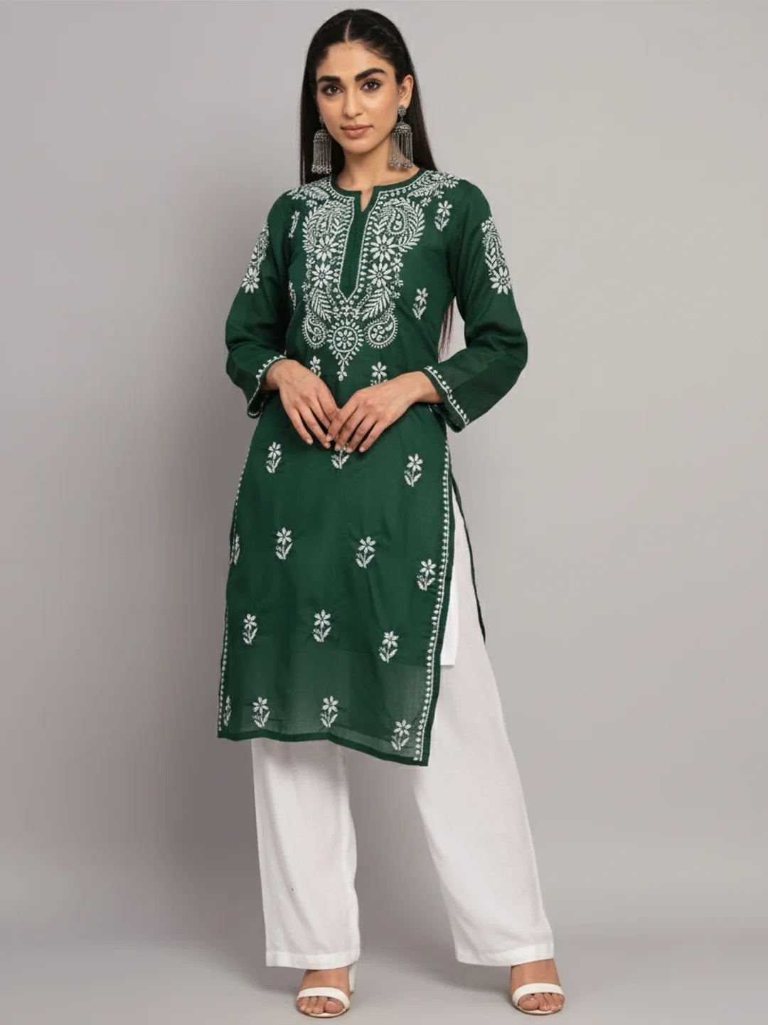 Hand Embroidered Chikankari Cotton Straight Kurta-Pc3561 Bottlegreen