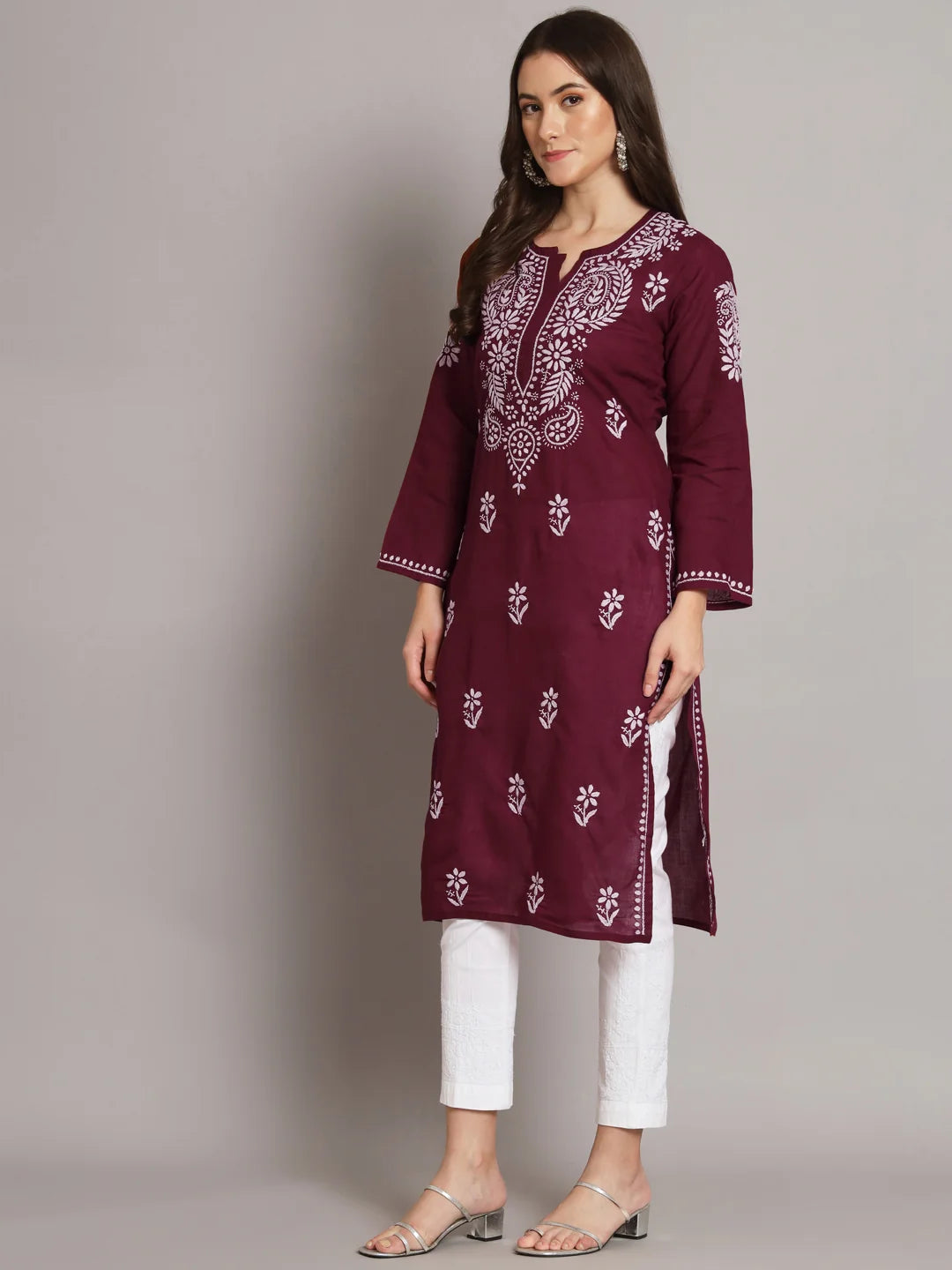 Hand Embroidered Chikankari Cotton Straight Kurta-Pc3561 Maroon