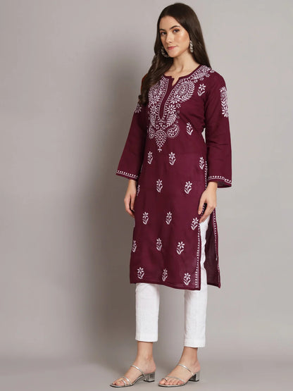 Hand Embroidered Chikankari Cotton Straight Kurta-Pc3561 Maroon
