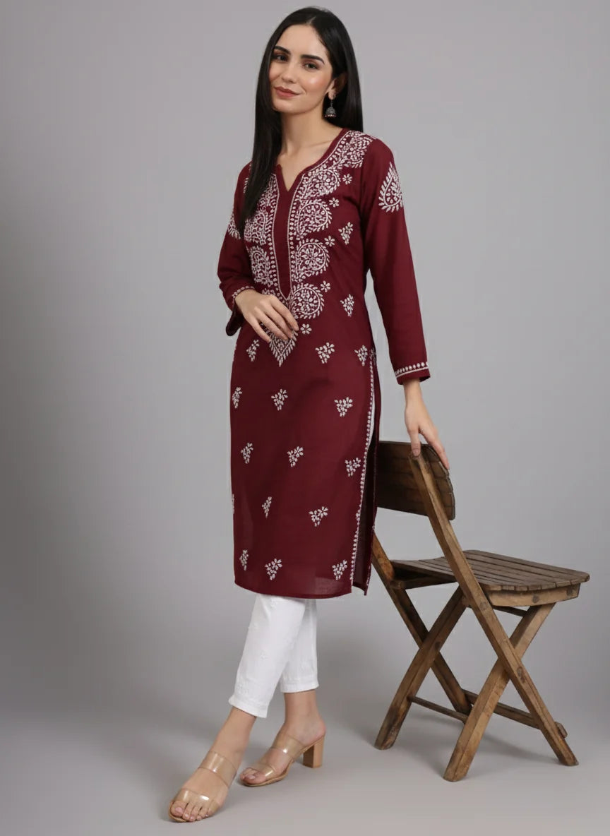 Women Hand Embroidered Lucknowi Chikankari Cotton Ethnic Motifs Kurta PC3997 Maroon