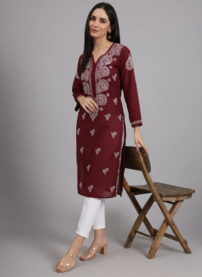 Women Hand Embroidered Lucknowi Chikankari Cotton Ethnic Motifs Kurta PC3997 Maroon