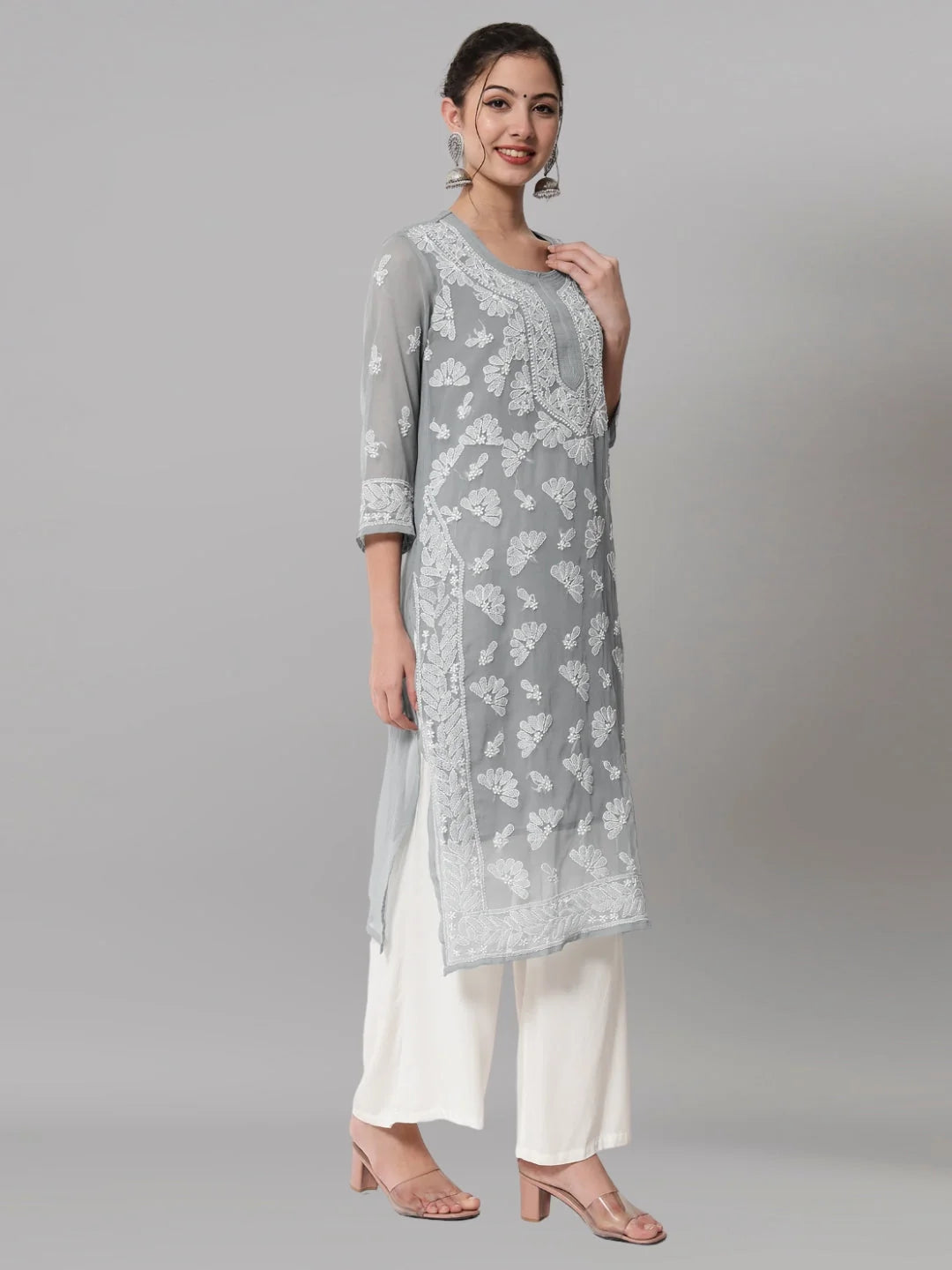 Women Hand Embroidered Chikankari Georgette Straight Kurta with Matching Slip- PC3545 Lightgrey