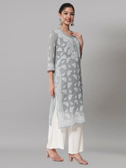 Women Hand Embroidered Chikankari Georgette Straight Kurta with Matching Slip- PC3545 Lightgrey