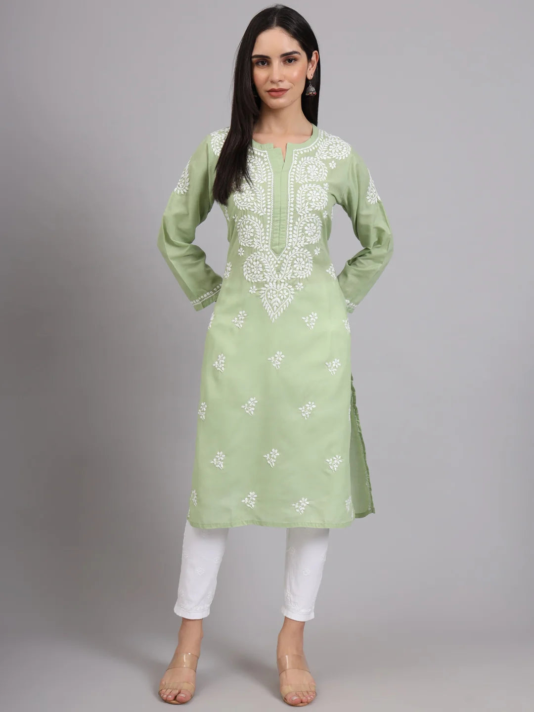 Women Hand Embroidered Lucknowi Chikankari Cotton Ethnic Motifs Kurta PC3997 Green