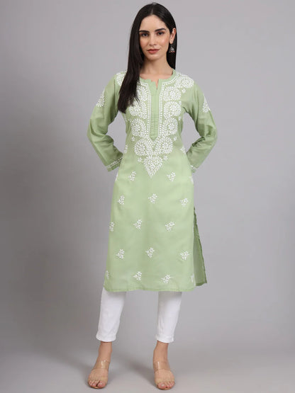 Women Hand Embroidered Lucknowi Chikankari Cotton Ethnic Motifs Kurta PC3997 Green