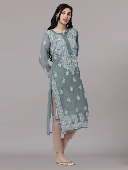 Hand Embroidered Steelgrey Chikankari Georgette Straight Kurta with Slip- PC3392 Dimgrey