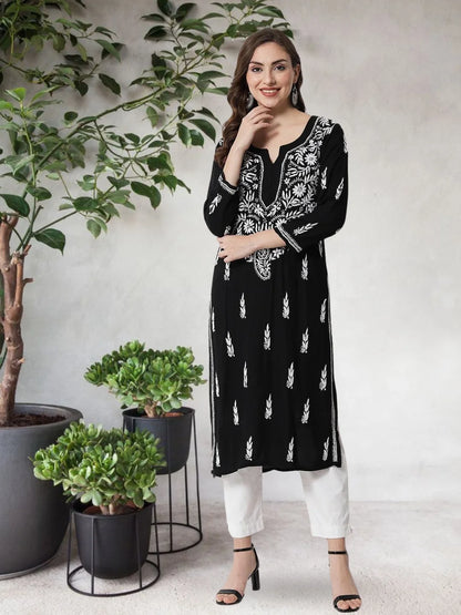 Hand Embroidered White Chikankari Rayon Straight Kurta-Pc3451 Black