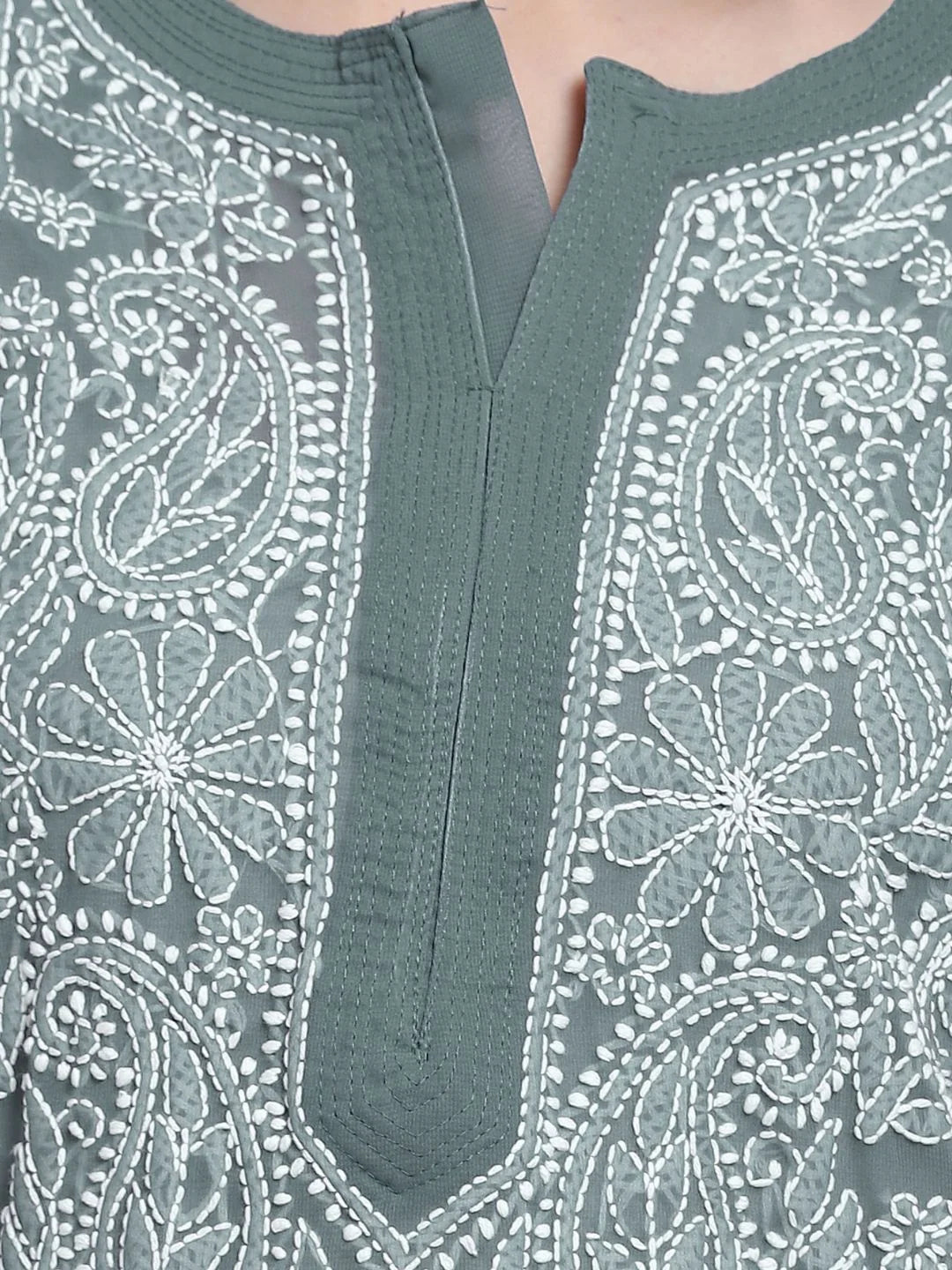 Hand Embroidered Steelgrey Chikankari Georgette Straight Kurta with Slip- PC3392 Dimgrey