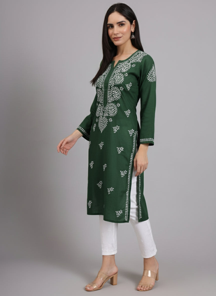 Women Hand Embroidered Lucknowi Chikankari Cotton Ethnic Motifs Kurta PC3997 Navy