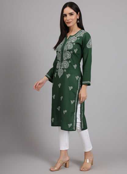 Women Hand Embroidered Lucknowi Chikankari Cotton Ethnic Motifs Kurta PC3997 Navy