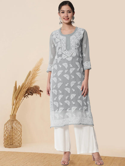 Women Hand Embroidered Chikankari Georgette Straight Kurta with Matching Slip- PC3545 Lightgrey