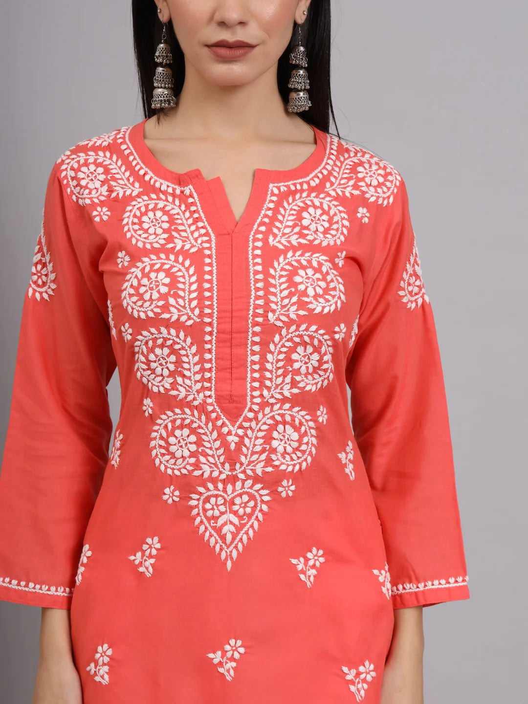 Women Hand Embroidered Lucknowi Chikankari Cotton Ethnic Motifs Kurta PC3997 Coral