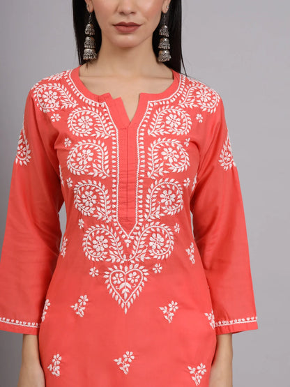 Women Hand Embroidered Lucknowi Chikankari Cotton Ethnic Motifs Kurta PC3997 Coral