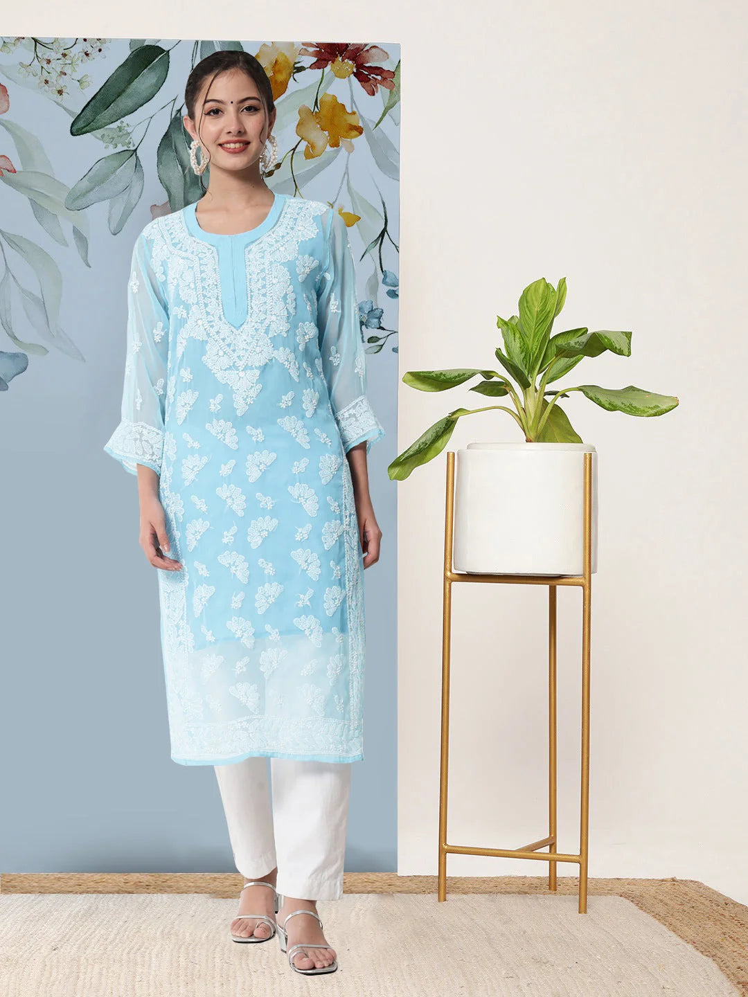 Women Hand Embroidered Chikankari Georgette Straight Kurta with Matching Slip- PC3545 Skyblue
