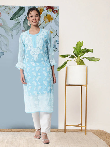 Women Hand Embroidered Chikankari Georgette Straight Kurta with Matching Slip- PC3545 Skyblue