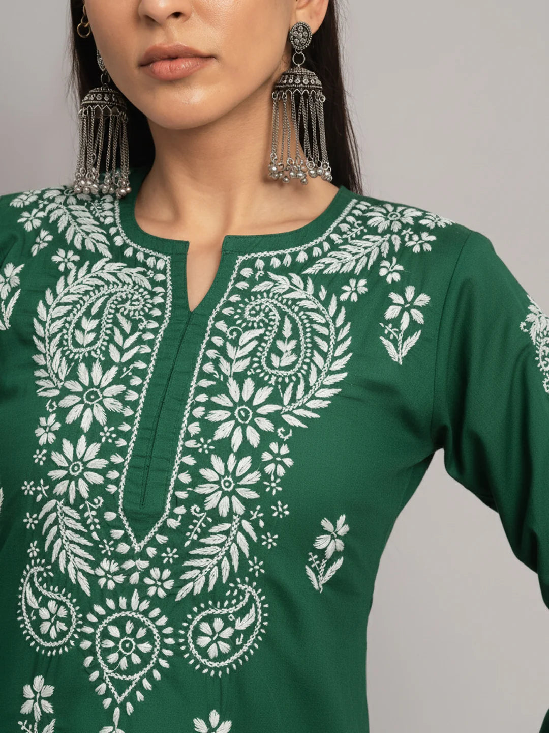 Hand Embroidered Chikankari Cotton Straight Kurta-Pc3561 Bottlegreen