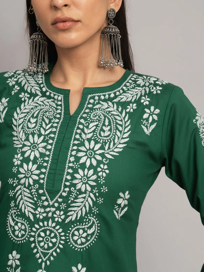 Hand Embroidered Chikankari Cotton Straight Kurta-Pc3561 Bottlegreen